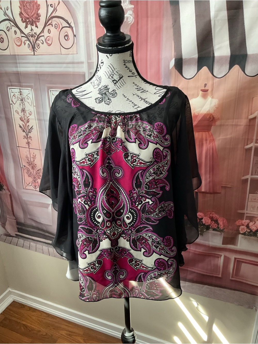 Ricki's Sheer-Sleeve Paisley Blouse in Magenta and Black